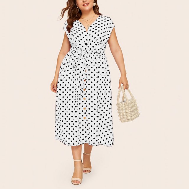 LSLJS Plus Size Ladies Polka Print Dress Button Lace-up Waist V-neck Skirt