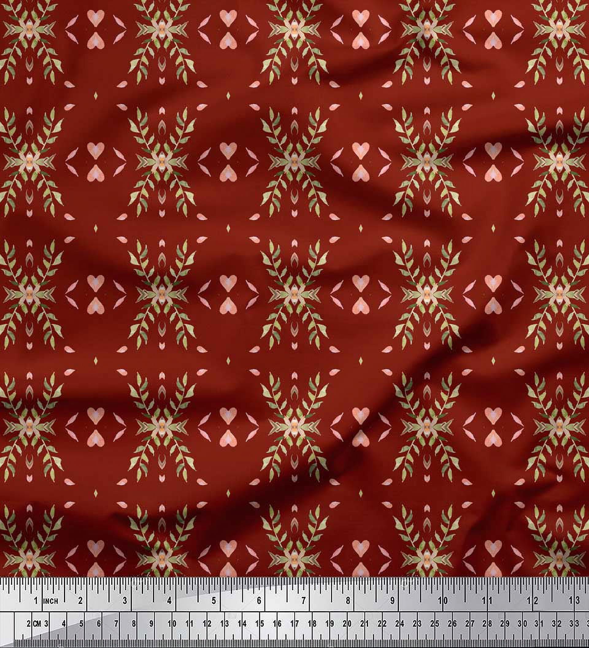 Soimoi Red Heavy Satin Fabric Heart Leaves Print Fabric by Yard 54 Inch Wide