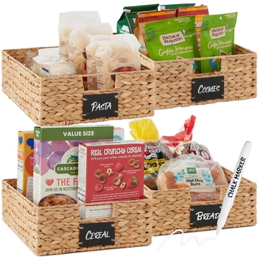 Best Choice Products Ensemble de 4 Grands Paniers de Garde-Manger en Jacinthe d'Eau 16x12 Po, Organisateurs de Cuisine Tissés avec Étiquette Tableau à Craie, Marqueur à Craie - Naturel