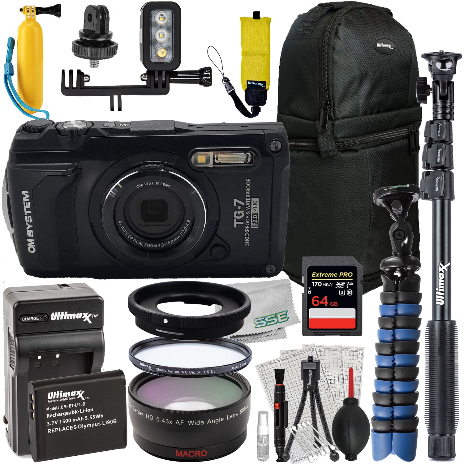 Ultimaxx Deluxe Water OM SYSTEM Tough TG-7 Digital Camera Bundle (Black) - Includes: 64GB Extreme Pro Memory Card, Replacement Battery & More (23pc Bundle)