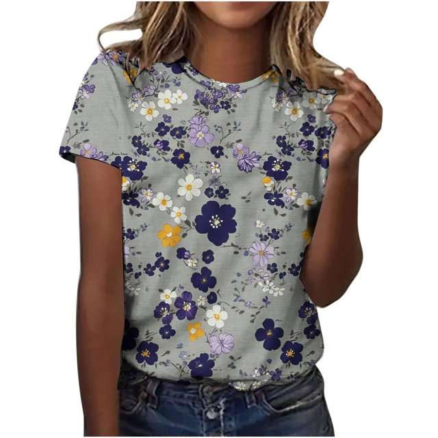 Pisexur Hauts d'Été pour Femmes, Blouses Habillées Décontractées pour Femmes Hauts à la Mode Chandail Décontracté Imprimé Manches Courtes Col Rond, Grandes Tailles pour Femmes Multicolore, 2TG