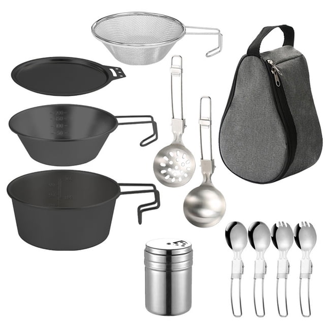 Ensemble de Batterie de Cuisine d'Extérieur Bol de Camping en Acier Inoxydable avec Passoire Cuillère