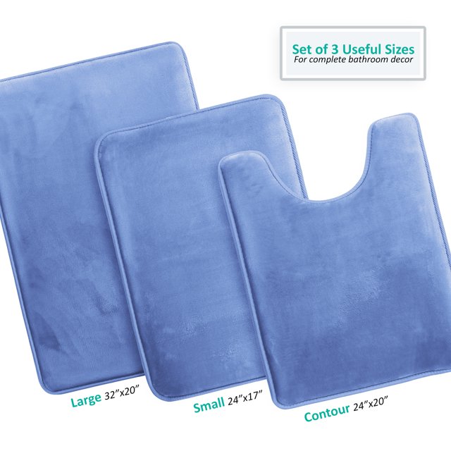 Set of 3 Clara Clark Bath Mat Bathroom Rug - Absorbent Memory Foam Bath Rugs - Non-Slip, Thick, Cozy Velvet Feel Microfiber Bathrug - Calm Blue - Large 20"x32" - Small 17"x24" - Contour 24"x20"