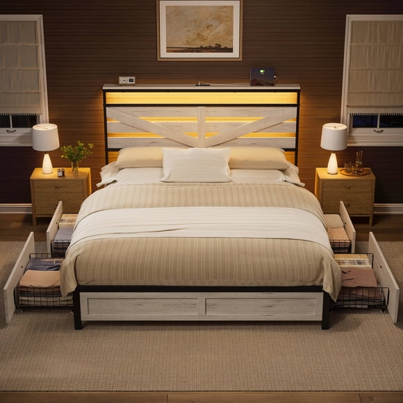 GUNAITO Full Bed Frame with Storage Headboard & 4 Drawers, Industrial Metal Platform LED Bed with USB Ports & Outlets, Light Gray