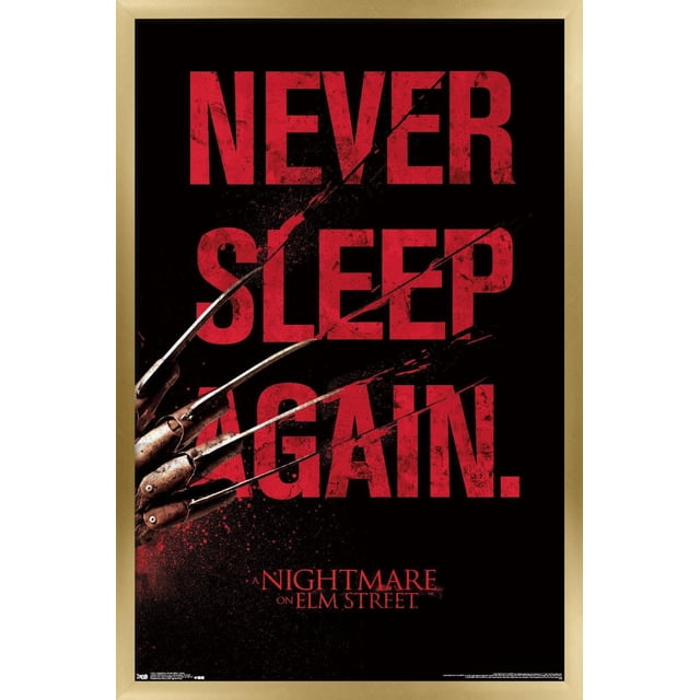 Un Cauchemar sur Elm Street - Affiche Murale de Sommeil, 22,375 Po x 34 Po Encadrée avec Texte Rouge Audacieux « Ne Jamais Dormir de Nouveau. » sur Fond Noir et Gant Griffe en Métal de Freddy Krueger à Gauche, Encadrée en Bois Clair, Idéale pour la Déco de la Maison et l'Art Mural de Fête.