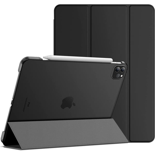 Supershield Case iPad Pro 11 Slim Stand Hard Back Shell Smart Cover in black, designed for iPad Pro 11-inch 4th Generation 2022, 3rd Generation 2021, and 2nd Generation 2020. Features a durable synthetic leather exterior, lightweight ABS back, and precise cutouts for cameras, speakers, ports, and buttons. Includes a built-in stand for versatile viewing angles, ideal for typing, video calls, or watching videos. Protects against dust, scratches, and shocks.