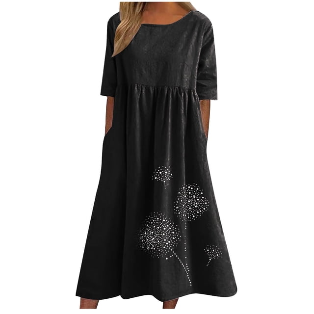 Robe Longue d'Été pour Femmes en Coton et Lin Grande Taille, Col Ras du Cou, Décontractée, Ample, Tunique, Robe T-Shirt, Robe de Printemps avec Poches
