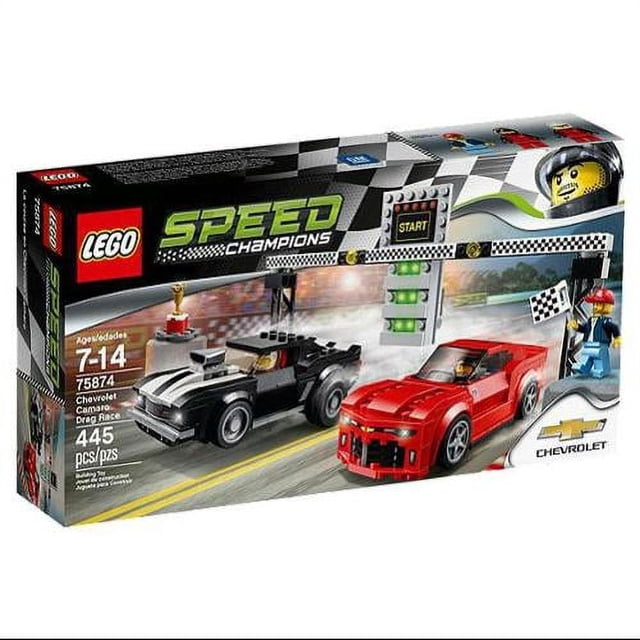 LEGO Speed Champions Chevrolet Camaro Drag Race set featuring the 1969 and 2016 Chevrolet Camaro cars, a functioning start/finish line, and three minifigures. The box showcases the black 1969 Camaro Z/28 and red 2016 Camaro racing side by side with interchangeable wheel trims, removable windshields, and authentic Chevrolet logo and headlight stickers. Includes accessory elements like helmets, a checkered flag, and a trophy. Suitable for ages 7-14.