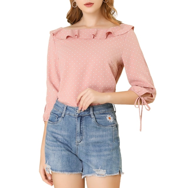 INSPIRE CHIC Women's Ruffled Neck Half Sleeve Sheer Summer Polka Dots Blouse Tops