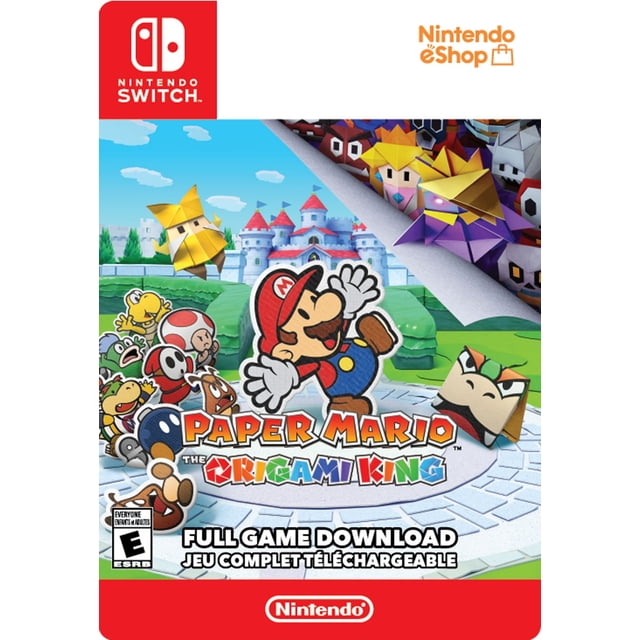 Paper Mario™ The Origami King : - Nintendo Switch Couverture de code Numérique Mettant en Vedette Mario en Papier Sautant devant le Château de la Princesse Peach avec des Personnages Origami Incluant Olivia et le Roi Olly, Soulignant les Batailles Stratégiques sur Anneaux et l'Aventure Origami sur l'Eshop Nintendo.