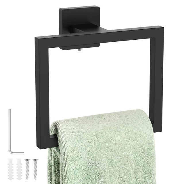 Square Hand Towel Ring Stainless Steel Towel Holder Wall Mounted Hand Towel Hanger Matte Black Modern Towel Rack Heavy-Duty Towel Holder for Bathroom Kitchen Lavatory