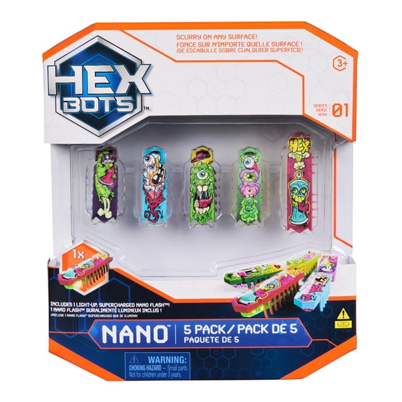 Name<br>HEX BOTS Nano 5 Pack, 4 Nano Bots avec Flash Nano en Bonus, Jouets sensoriels pour enfants et chats avec technologie de vibration, jouets insectes et mini robot pour enfants à partir de 3 ans