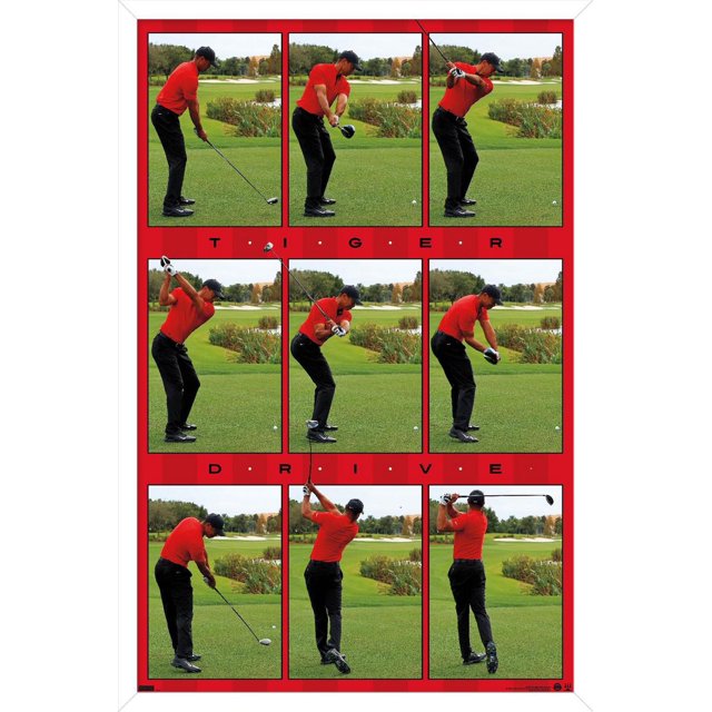 Tiger Woods - Affiche Murale Drive, 22,375 Po x 34 Po, Affichant Neuf images Séquentielles d'Un Golfeur en Chemise Rouge et Pantalon Noir Exécutant une Balançoire Drive sur un Parcours Vert avec des Arbres et des Pièges à Sable, Disposée dans une Grille à Bordure Rouge avec Texte « Tiger Drive » entre les Rangées, Idéale pour la Déco de Chambre à Thème golf.