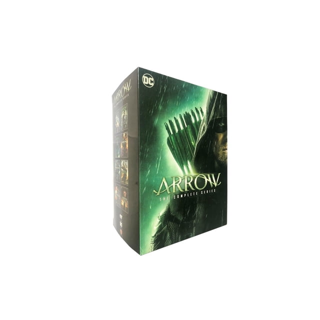 Arrow : la Série Complète Saison 1-8 (DVD) Coffret Présentant une Vue Latérale de l'Emballage. la Couverture Présente un design Trempé de Pluie avec le logo Flèche, une image d'Oliver Queen dans Sa Tenue de Justicier, et un Carquois de Flèches. Cette Série de Superhéros Bourrée d'Action Comprend Tous les Épisodes des Saisons 1 à 8.