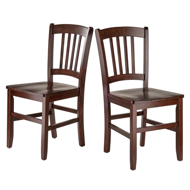 Winsome Madison 2 Piece Slat Back Chair Set with two solid wood dining chairs in walnut finish, featuring contoured seats and curved slat backs, measuring 34.6"H x 17.1"W x 19.25"D, ideal for kitchen and dining seating, also suitable as hall chairs.