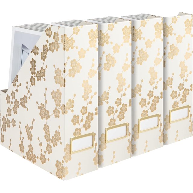 BLU MONACO Decorative Foldable Magazine Storage Boxes for Desk Set of 4 with Gold Floral Pattern and Gold Label Holder - Ideal Book Boxes or Vertical File Organizer Make Bookshelf Organization Easy