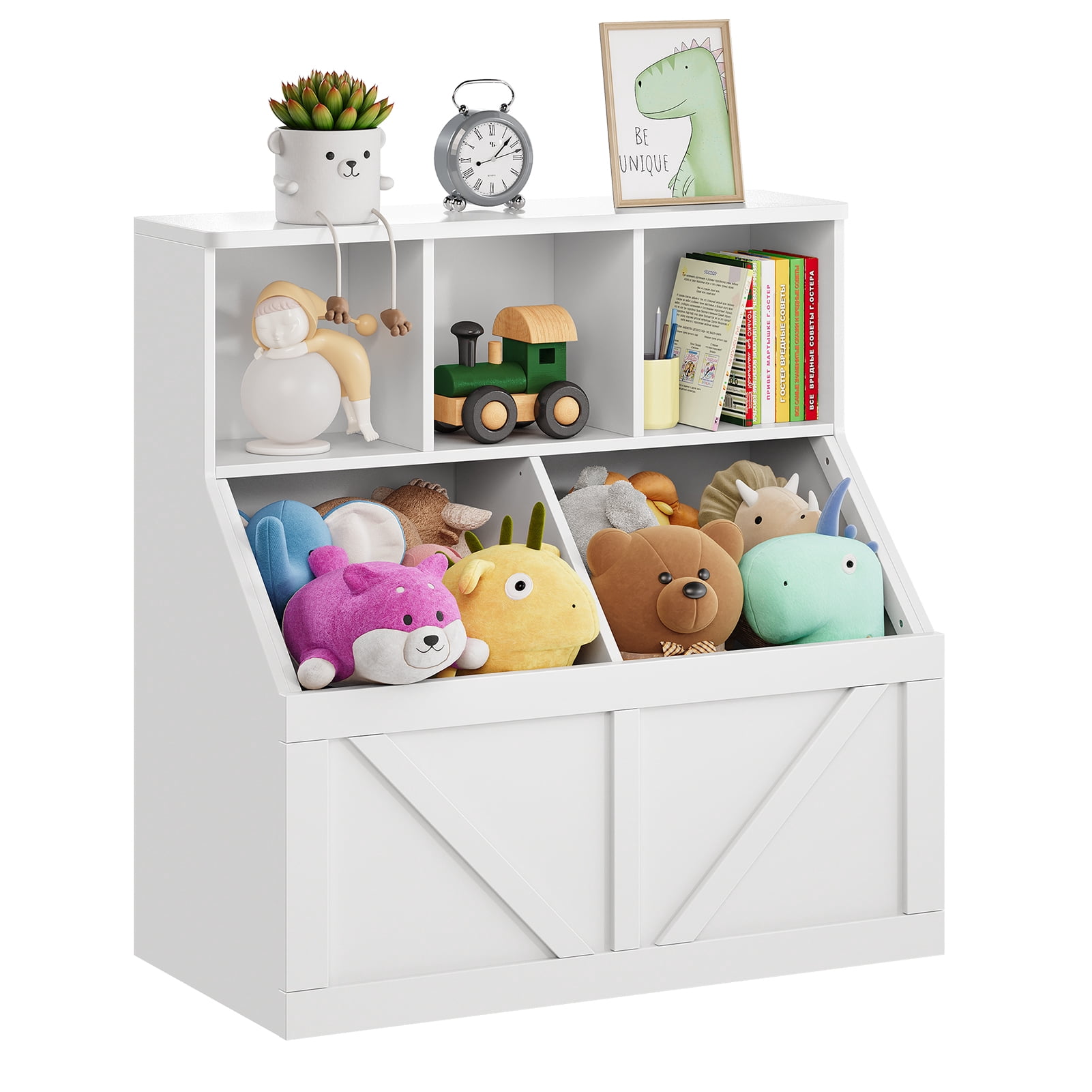 Book Shelf, Kids Bookshelf with 3 Open Shelves, Engineered Wood Shelf with 2 Storage Bins, Child-Safety Bookcase for Playroom Nursery Bedroom