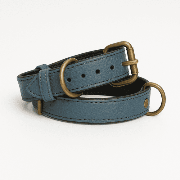 Dog Collar. Handmade Genuine Leather Dog Collar, Blue with Black Inner Liner, Adjustable Buckle. Buddies Collars