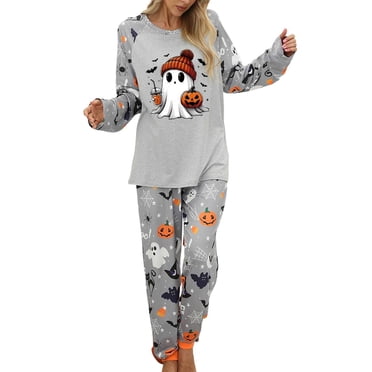 HNMKIU Women's Halloween Pajama Set Long Sleeve Comfortable Sleepwear Loungewear Two Piece Outfit Soft Nightwear for Everyday Wear Grey,M