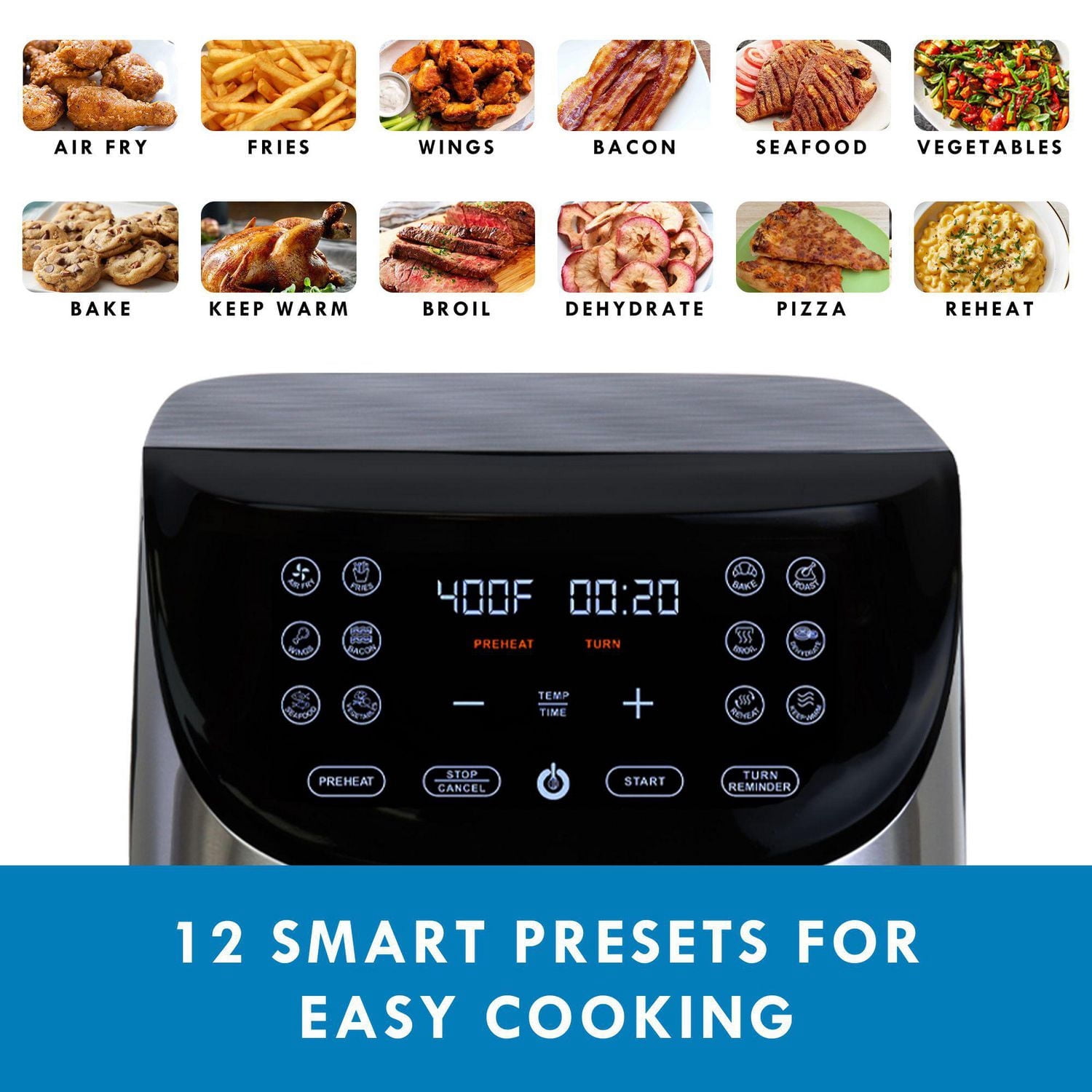Kenmore 8 Qt Air Fryer 1700W 12 Presets Digital Touch Screen Stainless Steel Family Size Nonstick Basket Easy Cleanup Dishwasher Safe OilLess Cooking