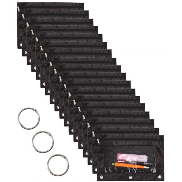 WODISON 18-Packs 3 Ring Pencil Pouch with Clear Window School Classroom Binder Pocket Case Office Stationery Bag Black