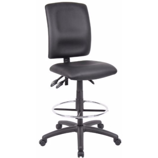 Nicer Furniture Leatherette Ergonomic Black Drafting Chair without Arms with black leather upholstery, adjustable back angle and seat tilt locks, height adjustment, 27-inch nylon base with double wheel casters, and 20-inch chrome foot ring for ergonomic support and stability.