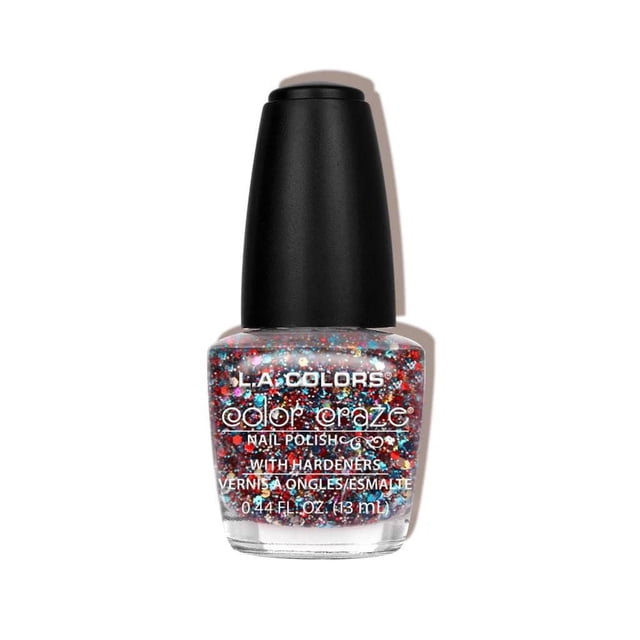 COLOR CRAZE Vernis à Ongles - CONFETTI par L.A. COLORS, Bouteille de Vernis à Ongles Transparent de 13 ml avec Paillettes CONFETTI Multicolores en Rouge, Bleu et Argent, avec Capuchon Noir et Infusé de Durcisseurs pour Renforcer et Protéger les Ongles, Idéal pour le Quotidien Ou les occasions Spéciales.