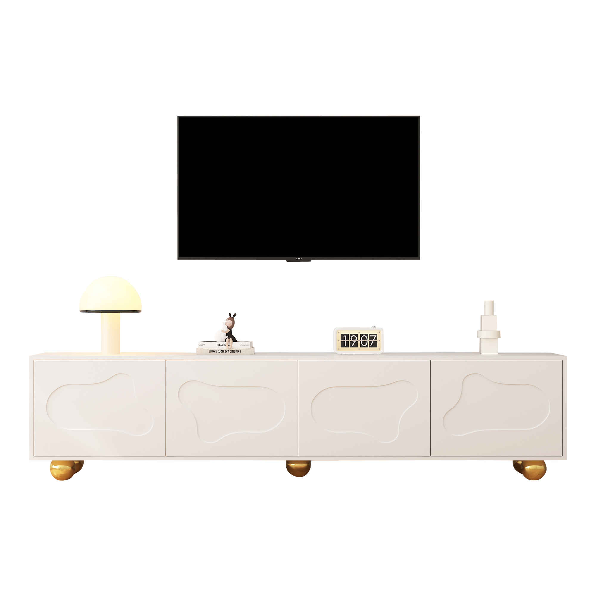 Meuble télé Noble House 64,8 pouces, console multimédia pour téléviseur de 65 pouces, blanc et bois naturel