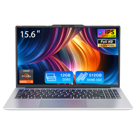 Pryloxen Laptop 15.6"Windows 11 Pro Laptop AMD Ryzen 5 6600U CPU Up to 4.5GHz,12GB RAM 512GB SSD,Facial Recognition,Backlit Keyboard,Silver