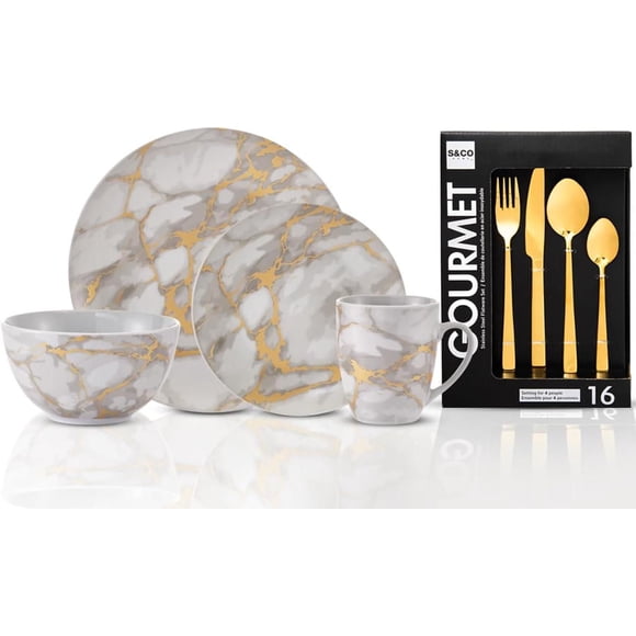 Ensemble de vaisselle en porcelaine effet marbre gris 20 pièces avec veines dorées et couverts dorés – Service pour 4