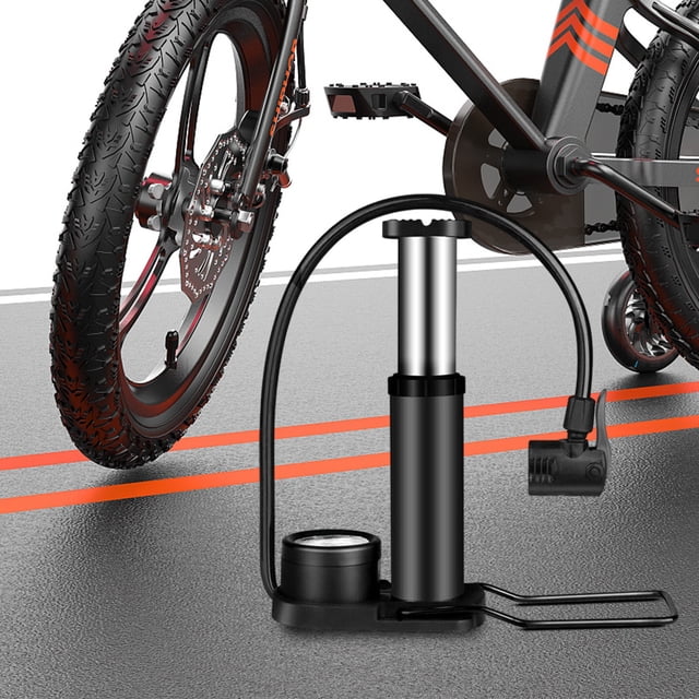 Dvkptbk Portable Bicycle Pump with Pressure Gauge Mini Bike Inflator Tire Cycling Compressor Adapter Bicycle Repairing Tools. A compact black aluminum mini floor pump with a foot-operated design, shown next to a bicycle tire. Features a pressure gauge, non-slip base, and versatile valves compatible with bicycles, motorcycles, and inflatable items like balls and balloons. Includes a ball needle and nozzle for added functionality.