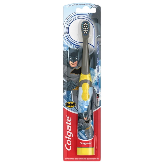Colgate Kids Battery Toothbrush, Batman Toothbrush with a small vibrating brush head and extra soft bristles, grey and yellow handle featuring Batman graphics, includes one AA battery, designed for children ages 3 and up.