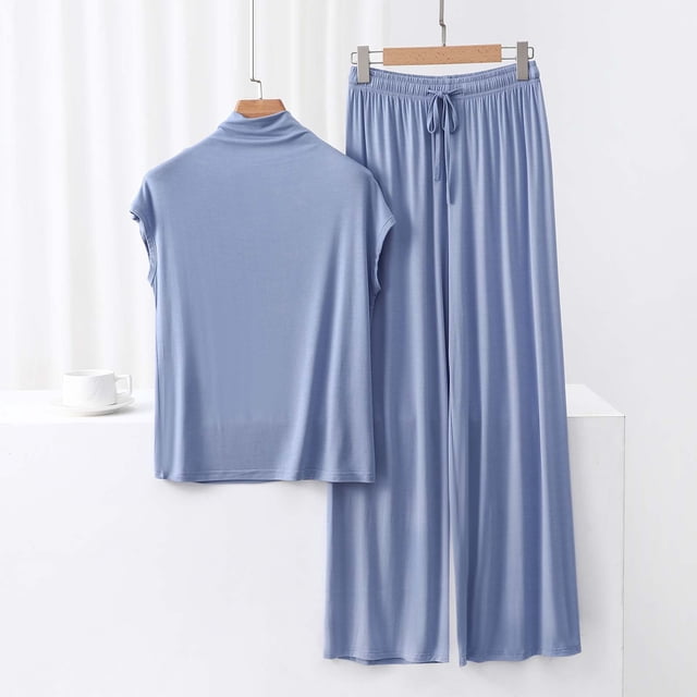 Weiqiqre Pajama Set for Women Ribbed Short Sleeve Tops Wide Leg Pants Comfy Pjs 2 Piece Lounge Sets Cute Outfits