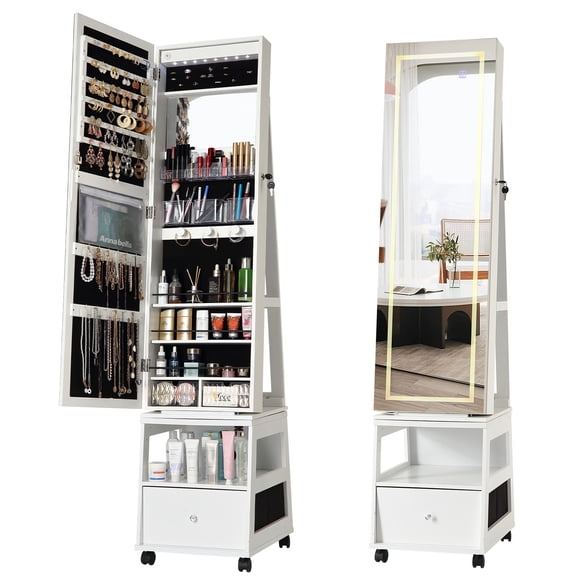 Armoire à Bijoux Pivotante à 360° Verrouillable avec Lumière DEL, Miroir Pleine Longueur à Interface d'Écran, 3 Tiroirs et Étagères, Organisateur de Rangement Grande Capacité, Autoportant pour Chambre – Blanc