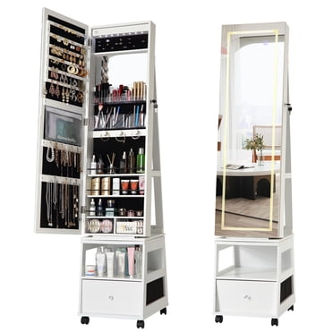 Armoire à Bijoux Pivotante à 360°, avec Miroir Pleine Longueur, Armoire à Bijoux avec DEL, Miroir de Maquillage Intérieur, Organisateur de Bijoux, Tiroir, 3 Tablettes, Armoire à Bijoux Autoportante Verrouillable pour Chambre