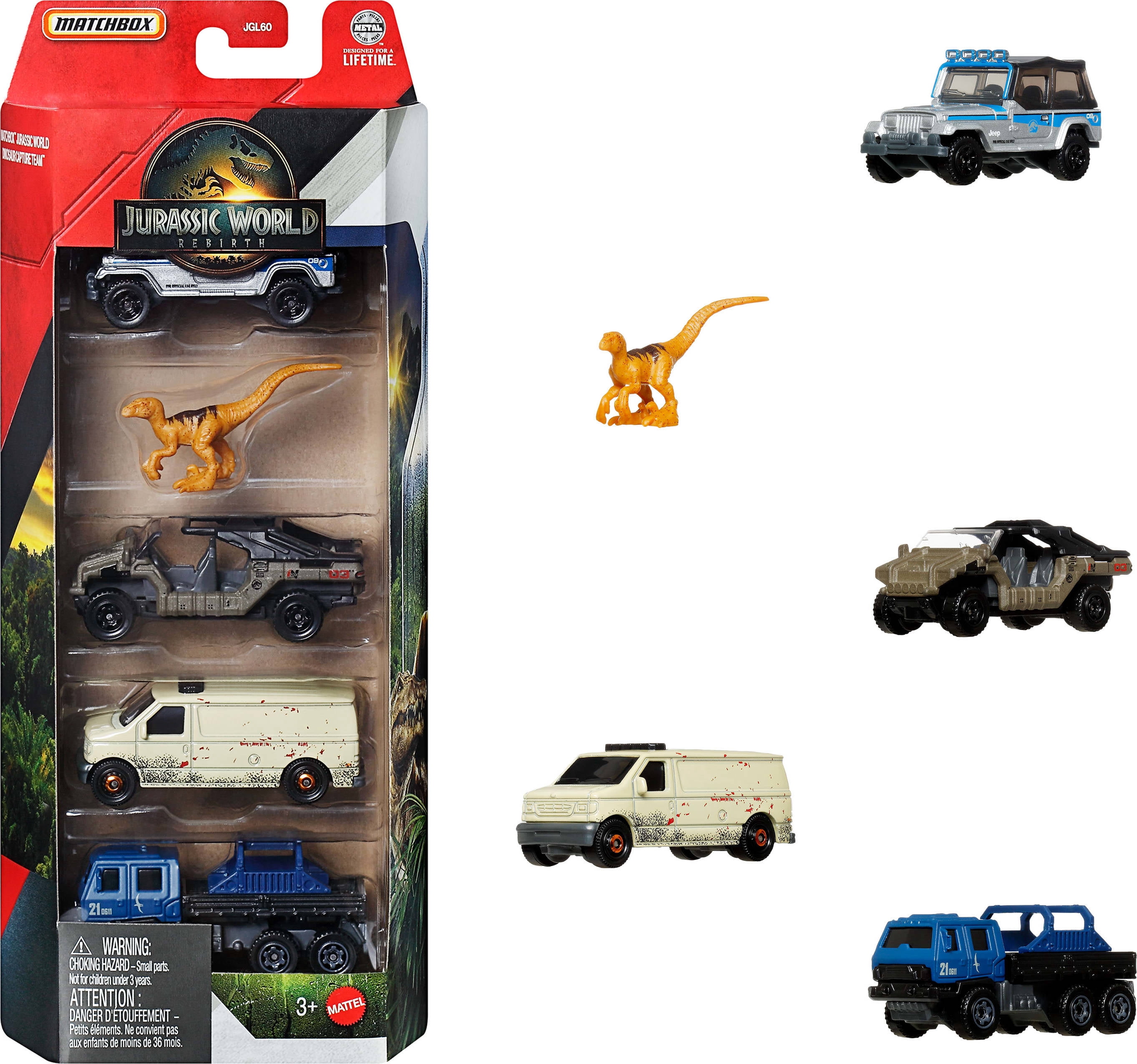 Matchbox-Coffret de 5 éléments Jurassic World-véhicules et dinosaur