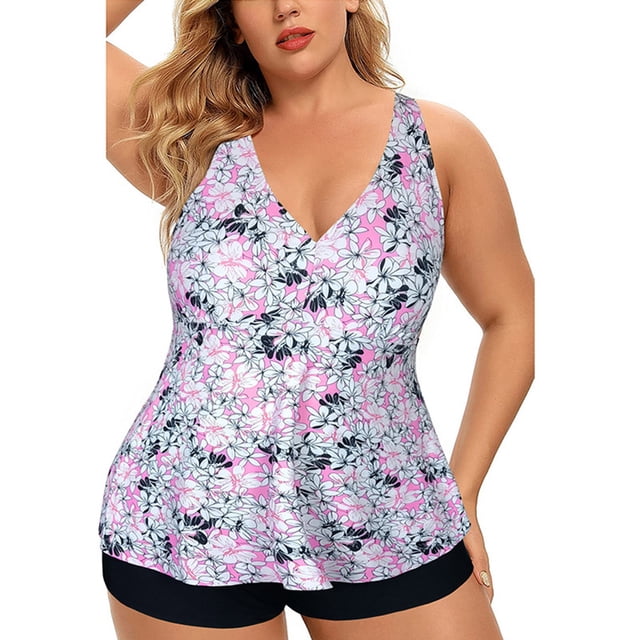 Kawell Plus Size Tankini Swimsuits for Women Blouson Tankini Tops with Swim Shorts Two Piece Bathing Suits