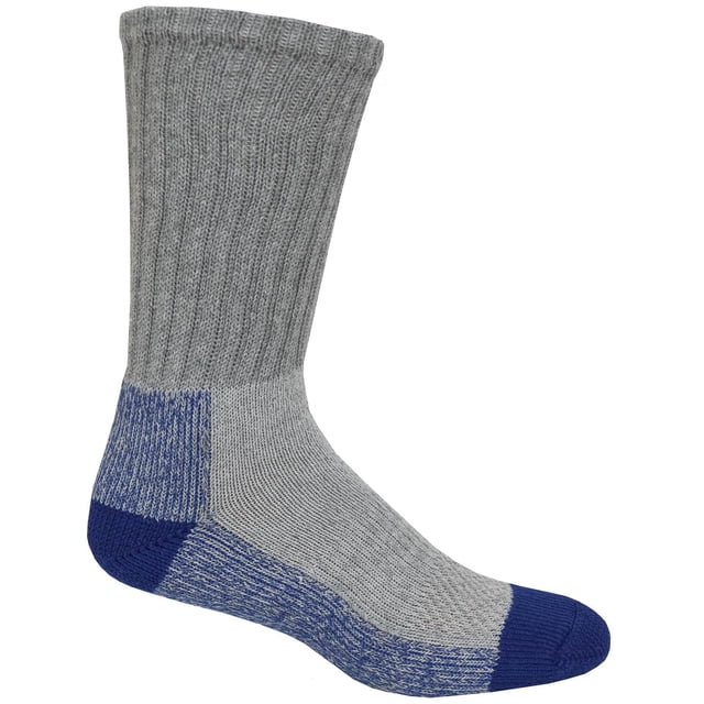 Mens Workload 4-Pack Work Socks in grey with navy blue cushioned sole, reinforced heel and toe, and arch compression for a secure fit, made from a soft cotton blend, shown in side profile on a white background, ideal for everyday work use.