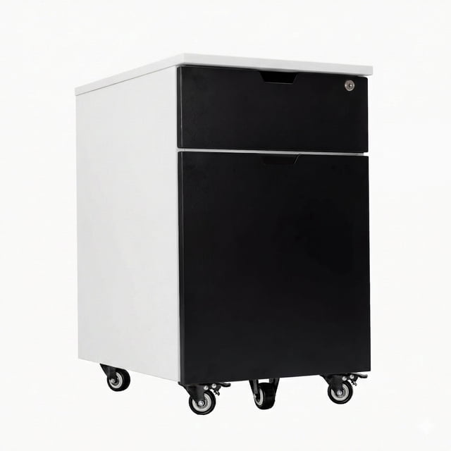 Desky Wooden Minimal Filing Cabinet - White / Black Laminate