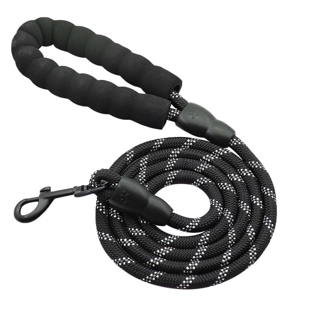 LSLJS Dog Leash with Comfortable Padded Handle and Highly Reflective Threads, designed for small, medium, and large dogs. The leash is made from durable 1/2-inch diameter climbing rope in black with reflective threads for visibility during evening walks. It features a soft padded handle for comfort and a sturdy clip hook for secure attachment. Ideal for walking, running, or training, this 5-foot leash offers a balance of control and freedom. Suitable for various dog breeds and outdoor activities.