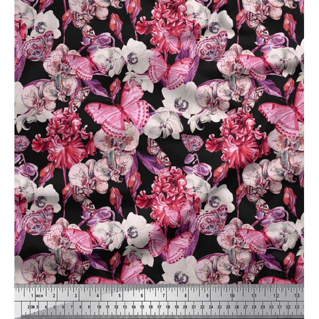Soimoi Moss Georgette Fabric Butterfly & Orchids Floral Decor Fabric Printed Yard 42 Inch Wide