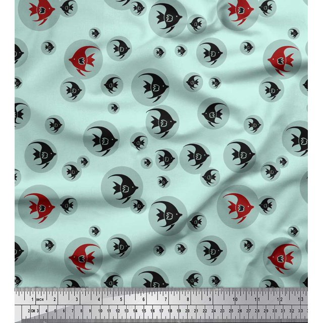 Soimoi Green Poly Georgette Fabric Fish Ocean Print Fabric by Yard 52 Inch Wide