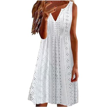 Women's Sleeveless V Neck Solid Color Eyelet Lace Casual Dress