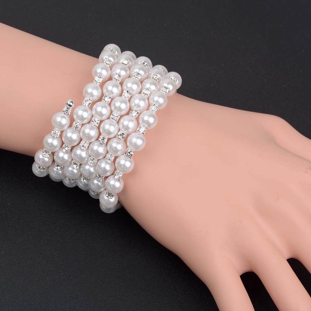 Women Chic Pearl Rhinestone Stretch Bracelet for Stretch Bracelet Faux Pearl Bridal Wedding Prom 6 Row