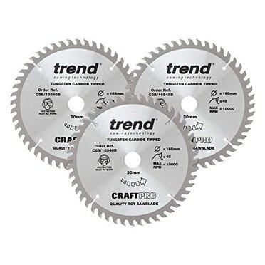 Trend CSB/165/3PK/A Craft Pro Triple Pack of TCT Saw Blades Ideal for Dewalt DWS520K and Makita SP6000 Circular Saws, 165mm x 48 Teeth x 20 Bore, Tungsten Carbide Tipped