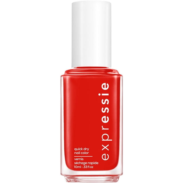 essie expressie quick-dry nail polish in a fiery red shade with a white cap, clear rectangular glass bottle with vertical white text, featuring a quick-dry formula that dries in about a minute and an angled brush for easy application, ideal for fast, on-the-go nail color touch-ups.