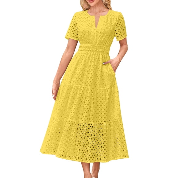 Oksale Eyelet Beach Dresses for Women Summer Vacation Hollow Out Midi Dress with Pockets Loose Short Sleeve Sundresses Trendy Notch Neck Fashion Clothes Yellow L