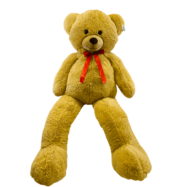 Bright Time Toys - Bruin The Mega Bear Standing Mega Plush 69-inch. A nearly 6-foot-tall plush bear with soft light brown fur, a friendly face, and a red bow tie. Made from premium polyester, designed for cuddling and durability.