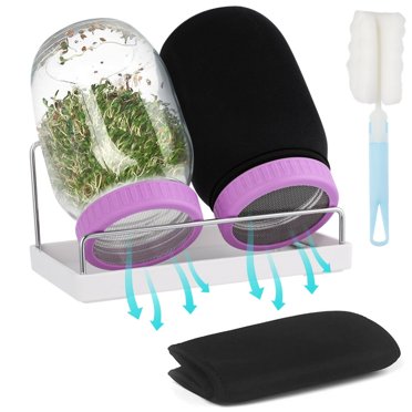 Sprouting Jar Kit, 2 Pcs 32oz Sprouting Jars with 2 Black Cloths, 1 Tray, 1 Stand, 1 Brush, Wide Mouth Mason Jar with Mesh Screen Lid for Growing Bean Sprouts, Broccoli, Alfalfa, Salad Sprouts