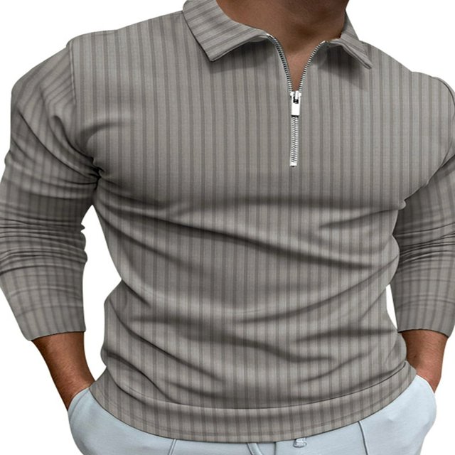 Stripe Print Men‘s Casual Ribbed Long Sleeve Tops with 1/4 Zipper